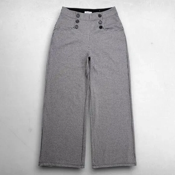 Max Studio Wide Leg Sailor Pants Houndstooth Slipon Stretch Women 28 Black White - Picture 1 of 13